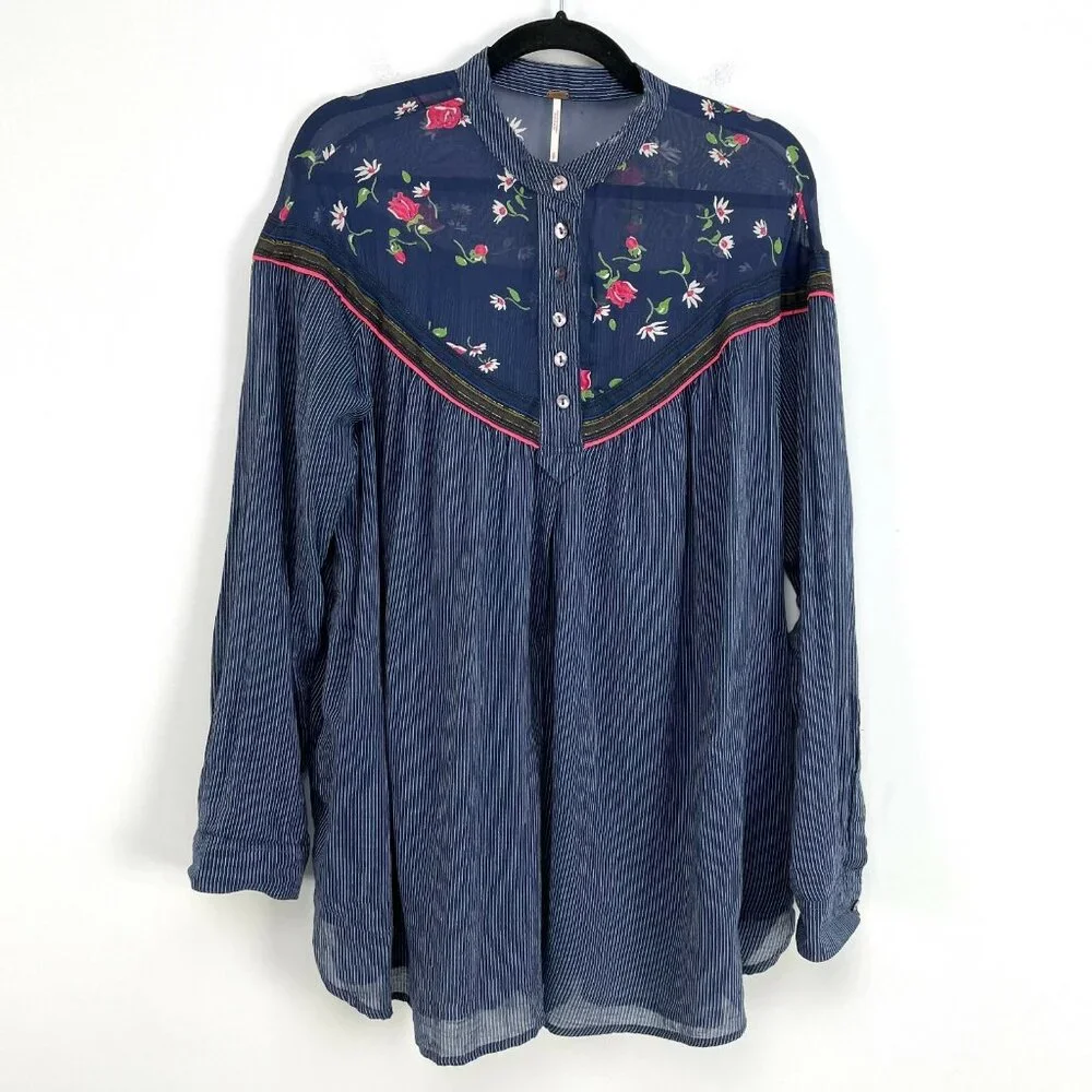 Free People Womens‎ Small Oversized Floral Top Blouse Pockets Boho Shirt